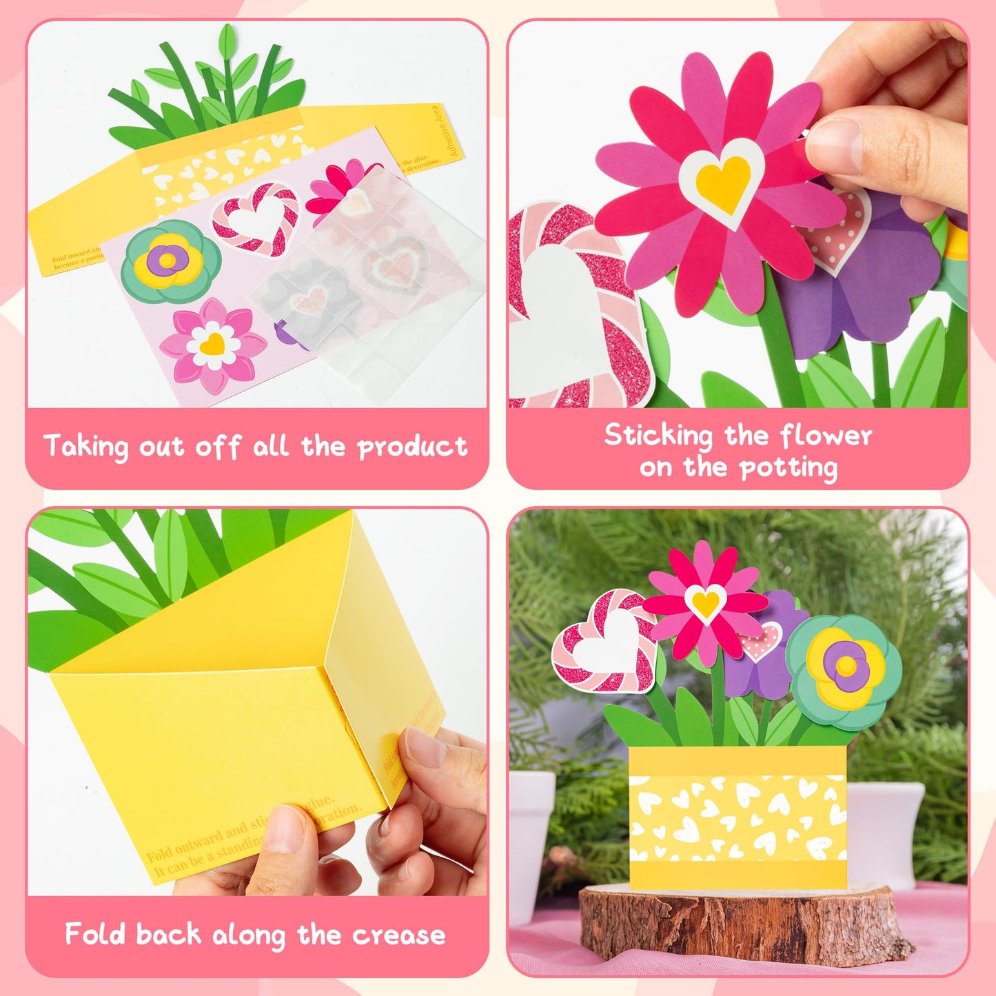 CY2SIDE Valentines Flower Pot Cutout - 28PCS DIY Valentines Day Craft Kit for Kids Make Your Own 3D Handmade Greeting Card Stan