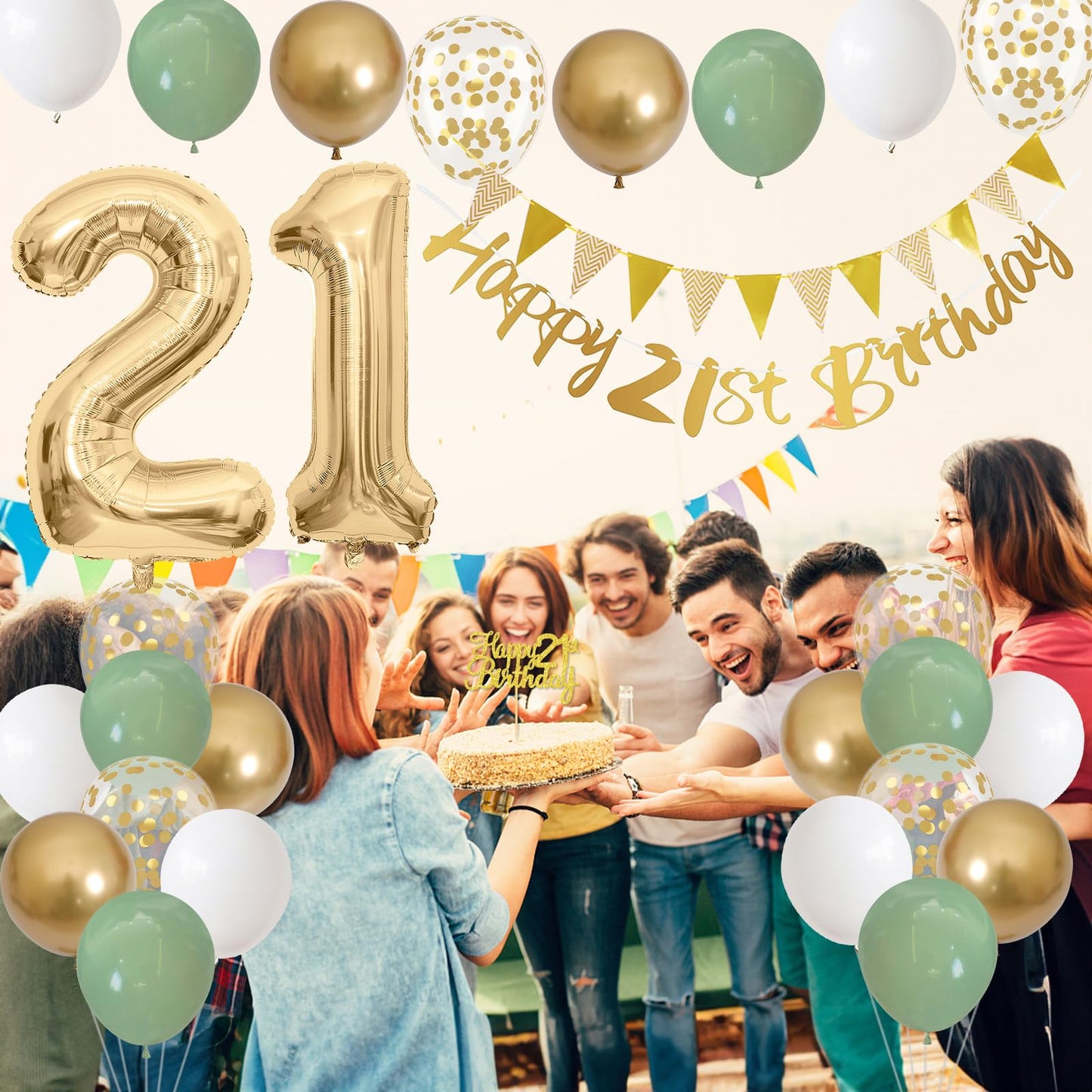 21St Birthday Decorations For Him Her, Happy 21St Birthday Banner With Birthday Cake Topper Number 21 Foil Balloon Sage Green Wh