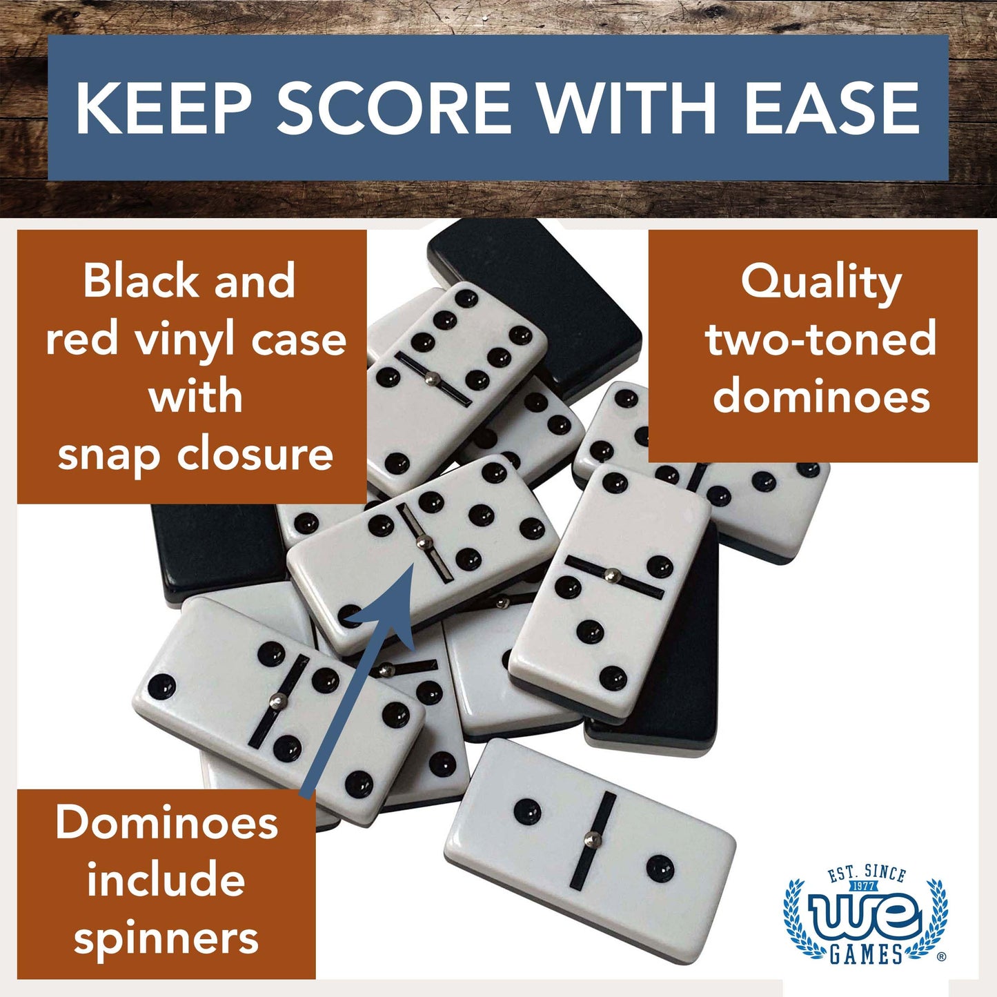WE Games Double 6 Dominoes Set with Spinners - Vintage Style Case, 8.5 x 4.75 x 1 in., Black & White