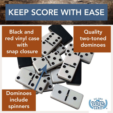 WE Games Double 6 Dominoes Set with Spinners - Vintage Style Case, 8.5 x 4.75 x 1 in., Black & White