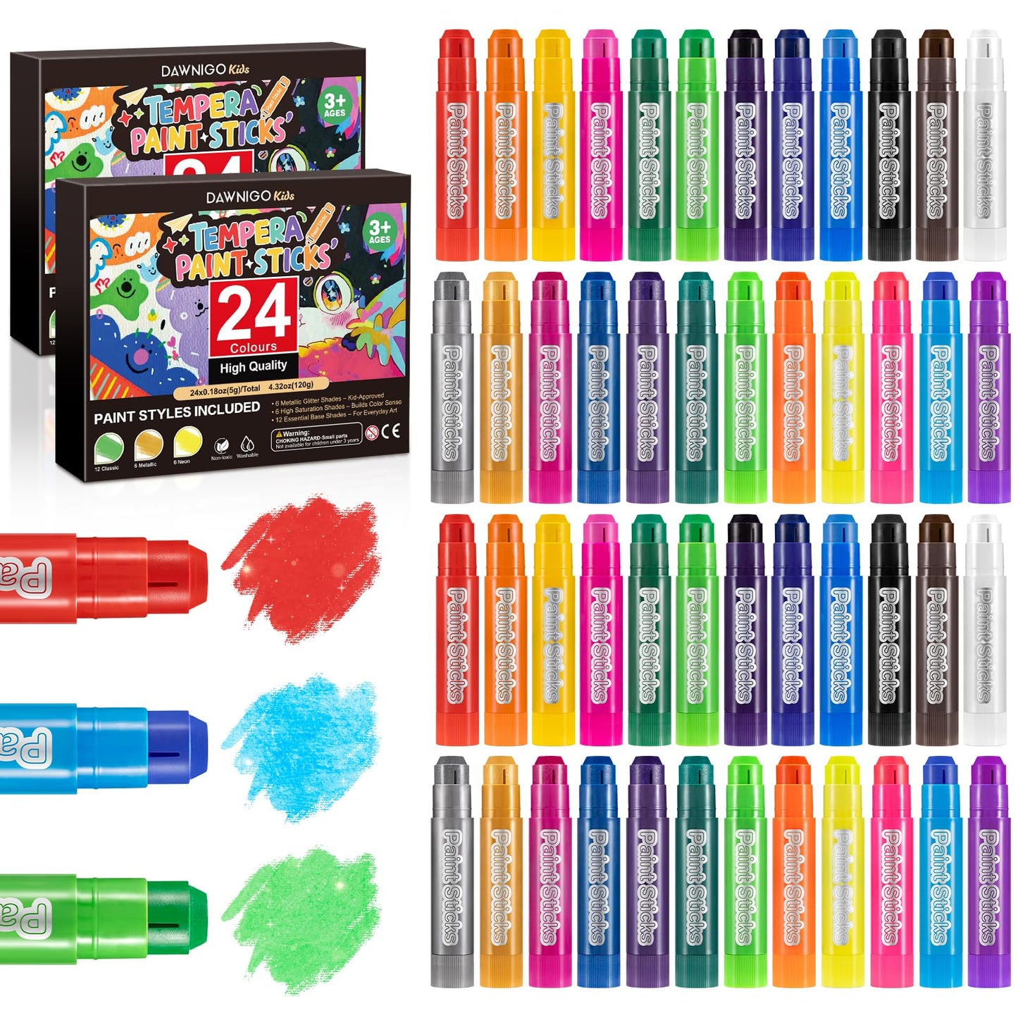 48 Pack Tempera Paint Sticks,24 Colors Washable Paint Sticks for Kids,Non-Toxic,90s Quick Drying, Allergen Free and High Coverag
