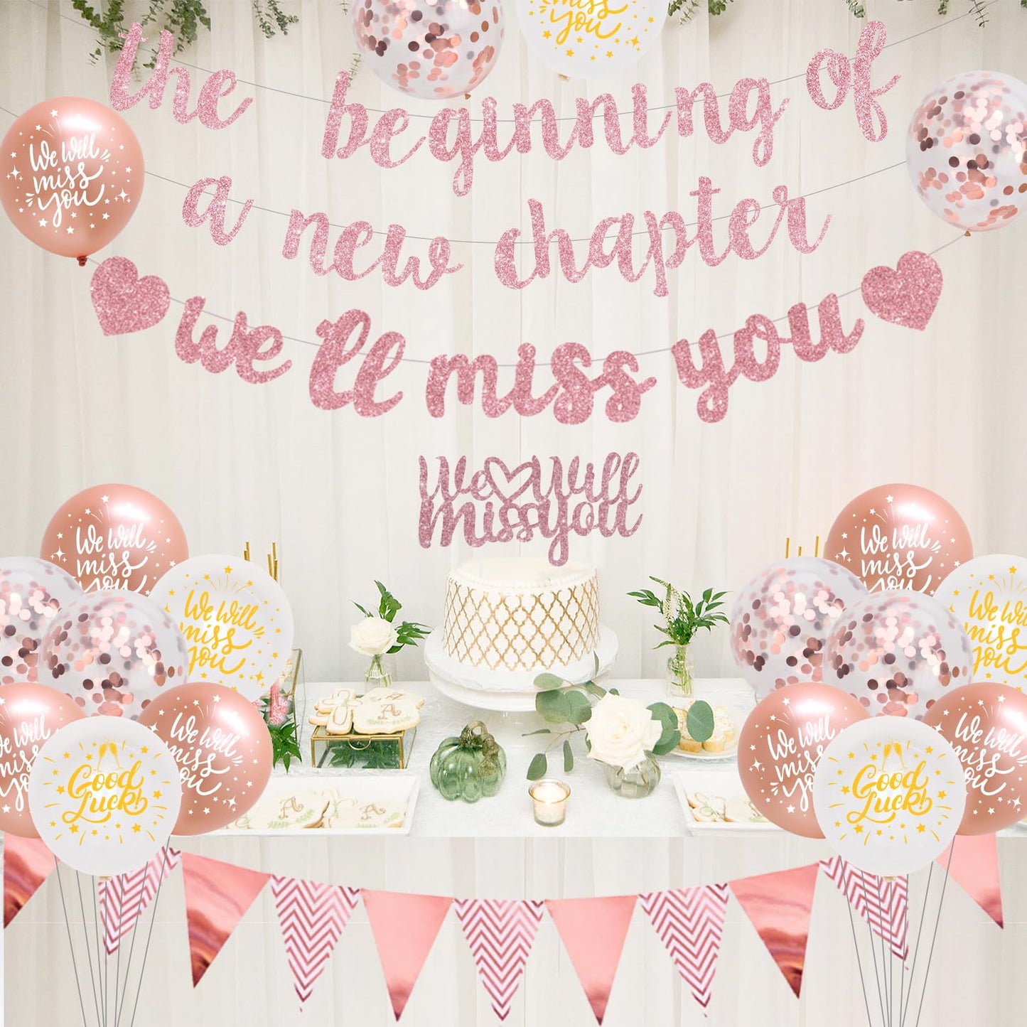 Fangleland Rose Gold Farewell Party Decorations - Balloons & Banner for Retirement/Graduation, We Will Miss You Theme