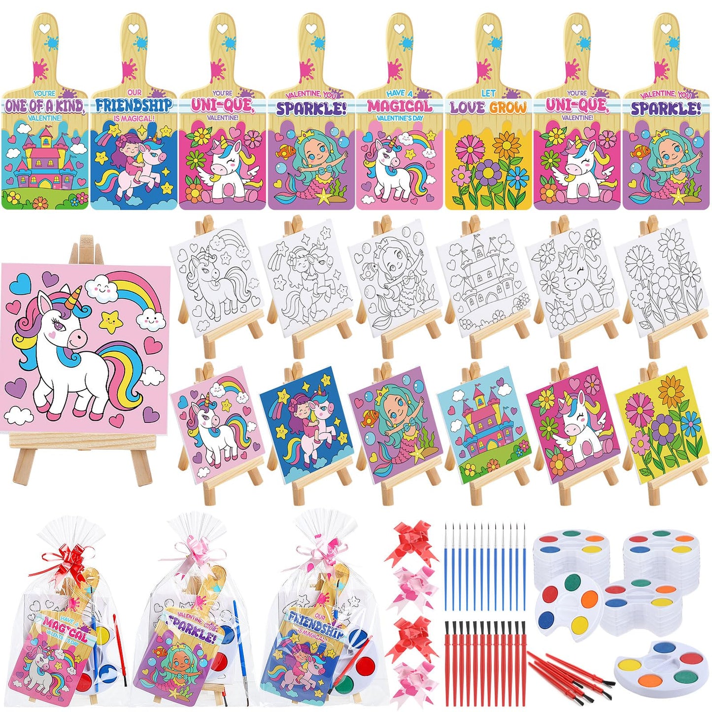 Pajean 24 Sets Valentines Day Gifts Watercolor Paint Set with Paintbrush Wooden Easel Mini Painting Canvas Panel Valentines Craf