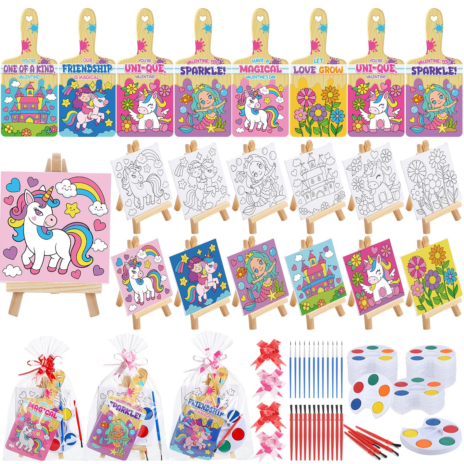 Pajean 24 Sets Valentines Day Gifts Watercolor Paint Set with Paintbrush Wooden Easel Mini Painting Canvas Panel Valentines Craf