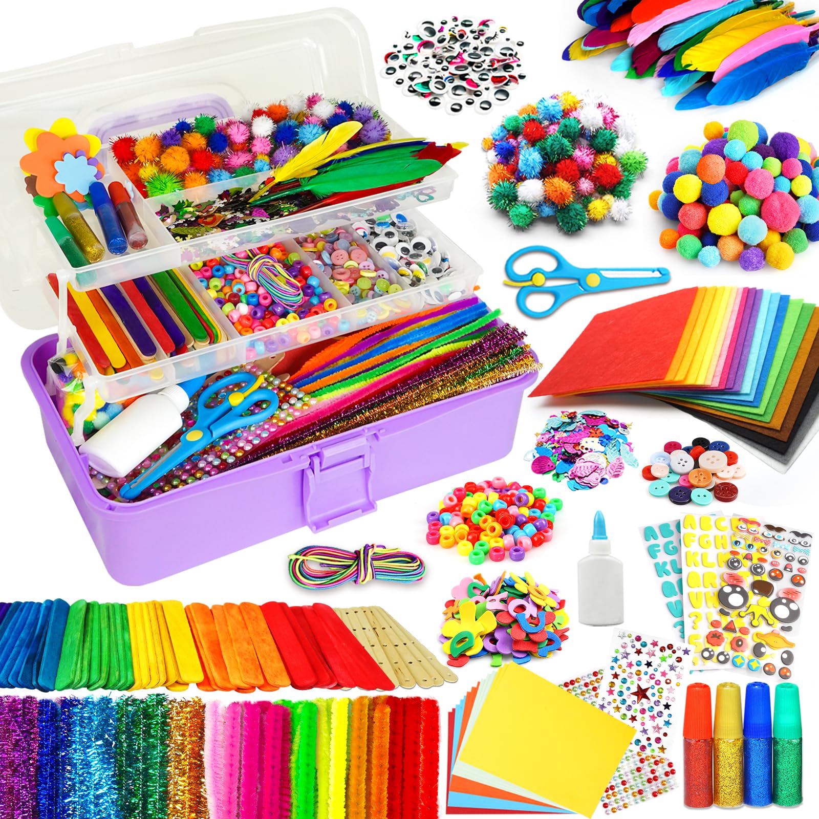 FUNZBO Arts and Crafts Supplies for Kids - Crafts Kits with Pipe Cleaners, Construction Paper, Pom poms, Googly Eyes, Crafts for