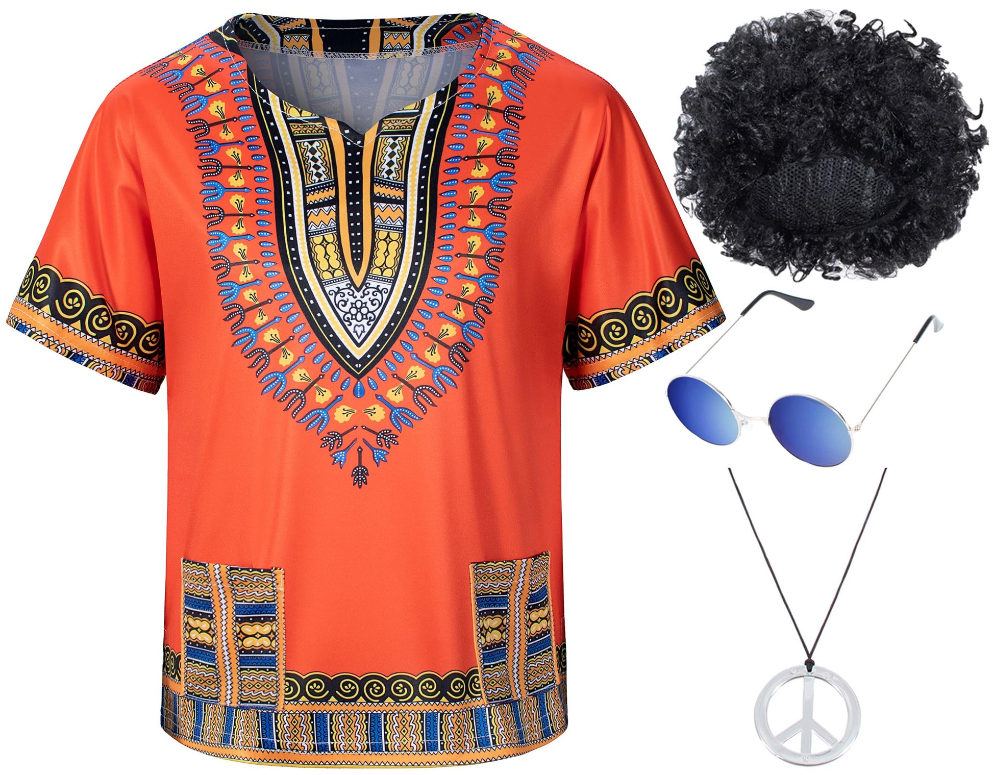 Kids Hippie Costume For Boys Girls 60S 70S 4 Pcs T-Shirt Afro Wig Set For Halloween Party Cosplay 11-12 Years Yellow
