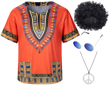 Kids Hippie Costume For Boys Girls 60S 70S 4 Pcs T-Shirt Afro Wig Set For Halloween Party Cosplay 5-6T Yellow