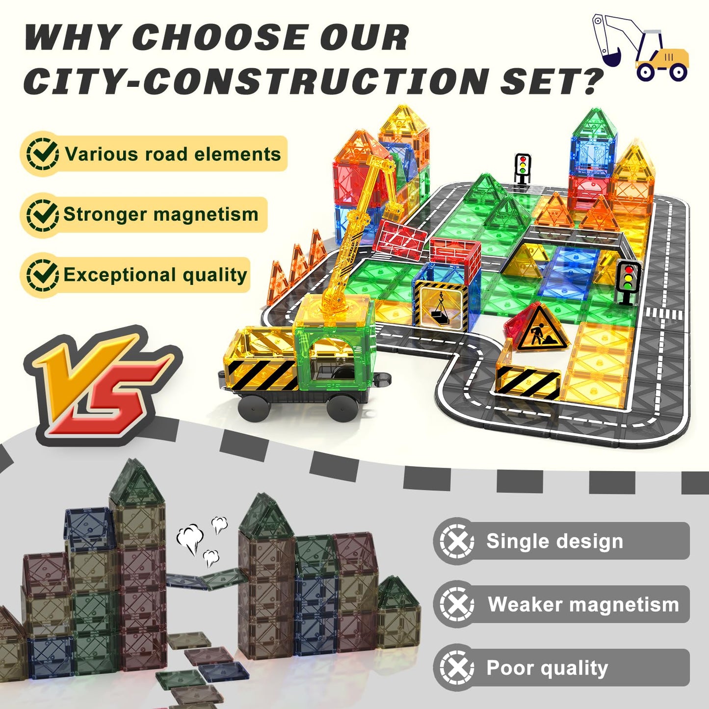 Kids Games Magnetic Tiles Road Set With Extendable Magnetic Crane, City Construction Building Toys For Toddlers Stem Preschool Toys Ages 4-6 5-7, Gifts For 3+ Year Old Boys Girls Kids Toys With Car