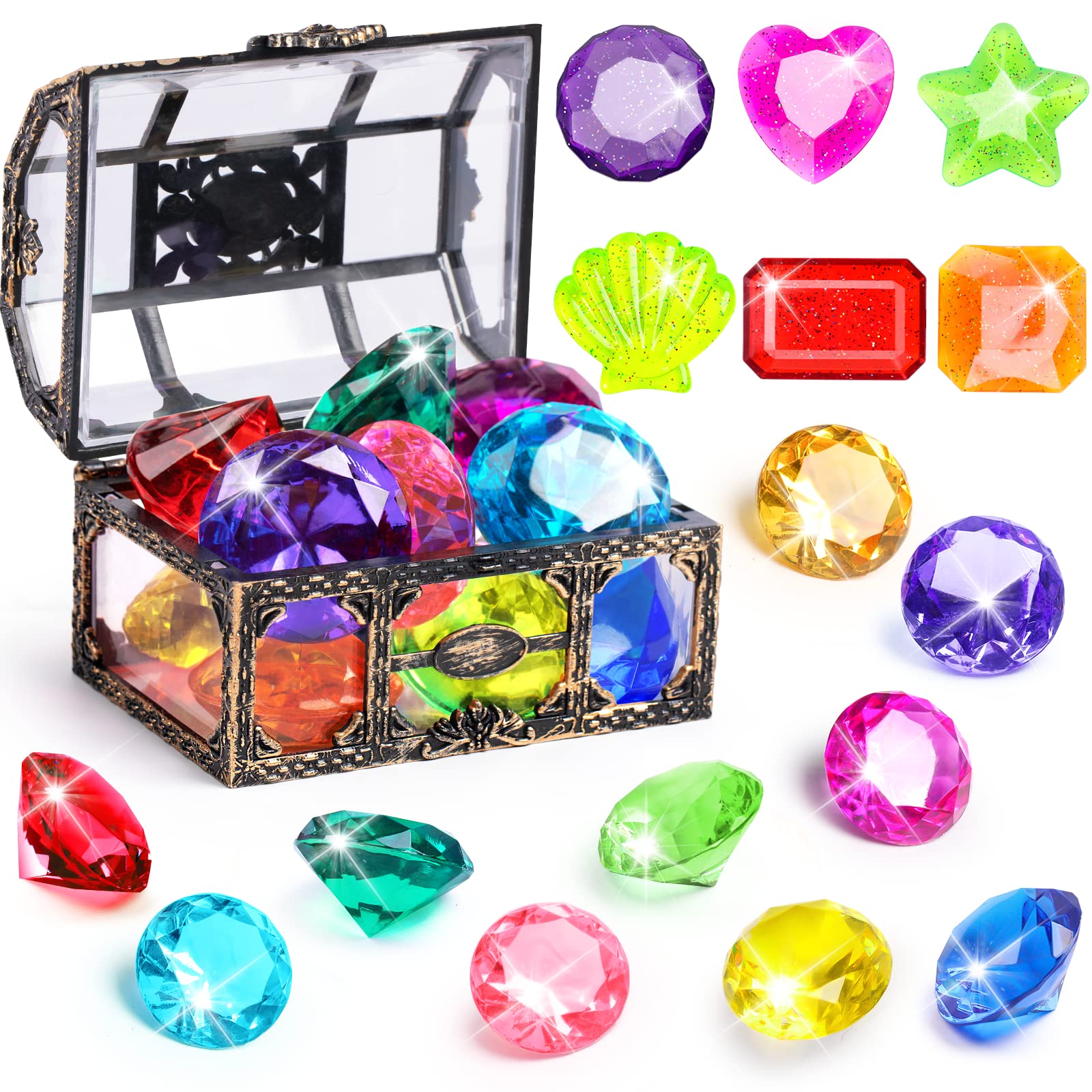 Dishio Diving Gem Pool Toys 16Pcs Large Swimming Pool Toy Set With Pirate Treasure Box Chest For Kids Toddlers Underwater Sinking Dive Gems Colorful Diamond Diving Toys For Swimming Training