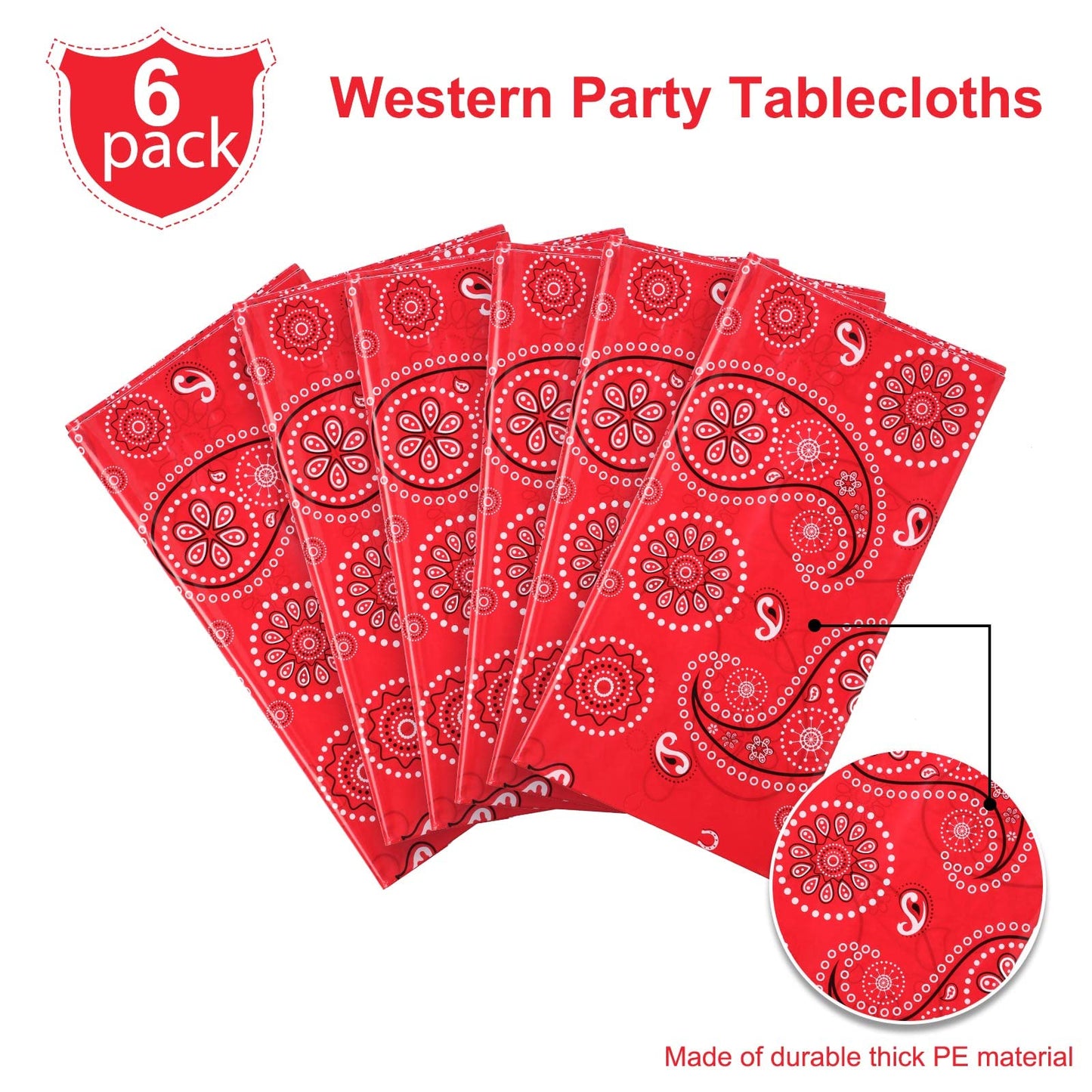 Western Party Tablecloth Paisley Table Cover Bandana Plastic Table Cloth Rectangle Floral Tablecloth For Western Cowboy Themed Party Decorations, 108 X 54 Inches (Red, 6 Pack)