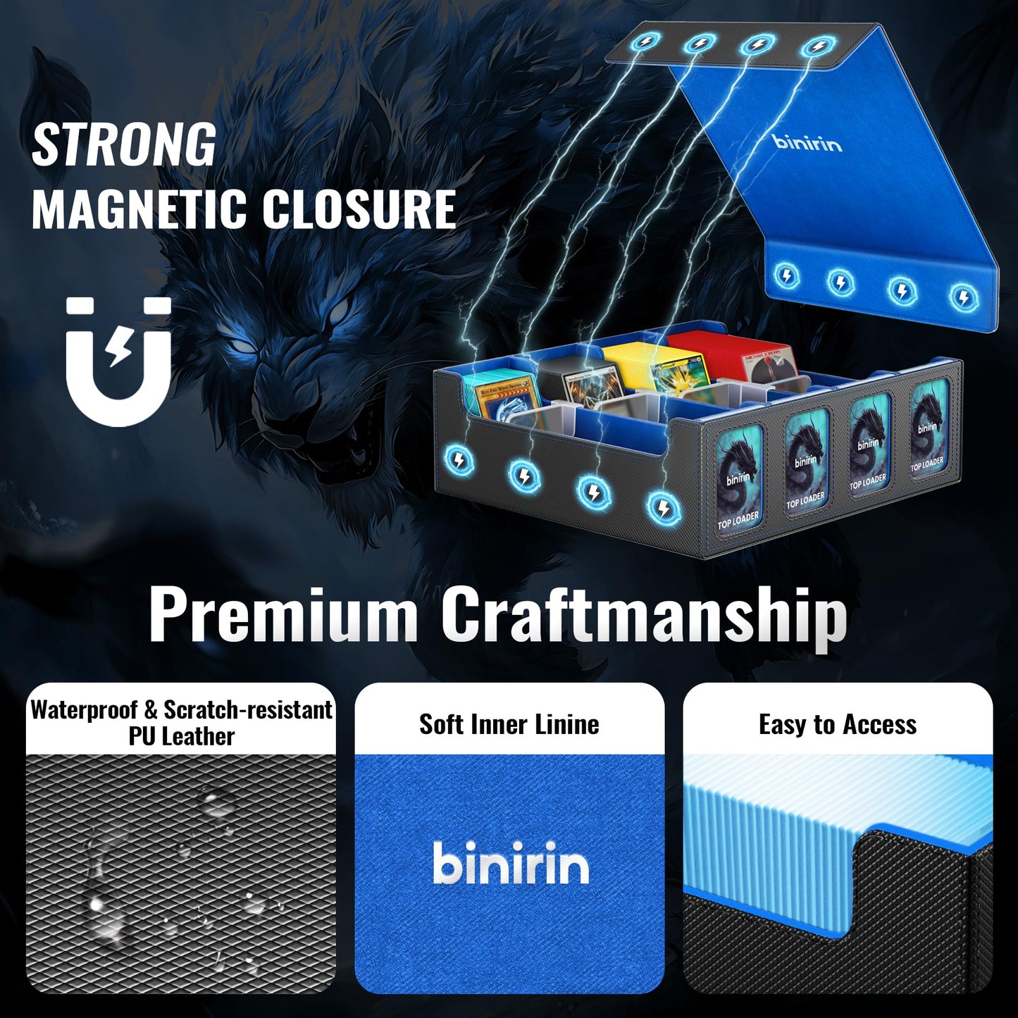 binirin Trading Card Storage Box for Commander Display  3000+ MTG Deck Box with 4 Toploaders & Card Supporters  PU Leather Card Deck Case Fits MTG Yugioh TCG Magic Game & Sports Cards (Black&Blue)