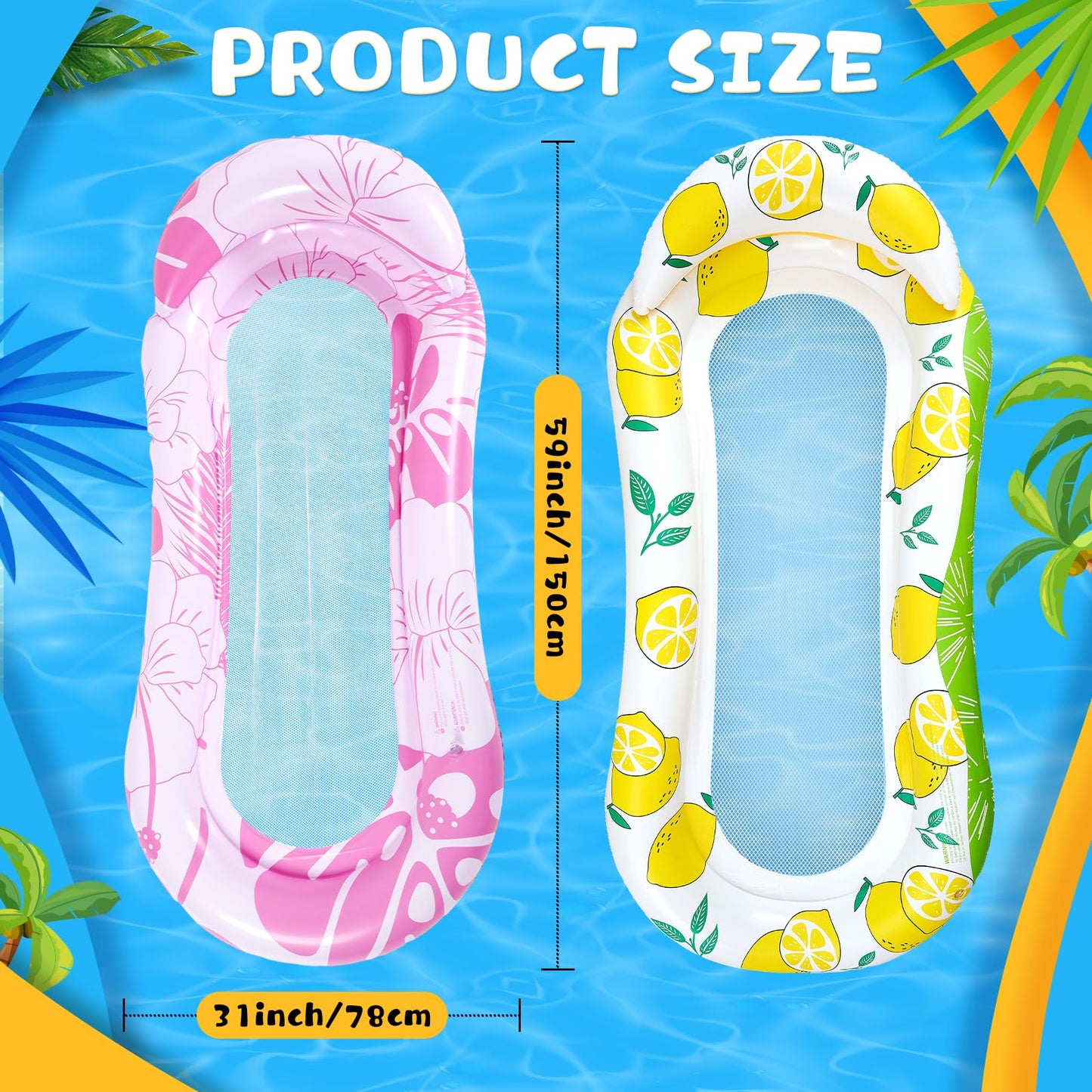 Briwooody 2 Pcs Inflatable Pool Float Mat Pool Floaties Rafts with Headrest Loungers Sun Tanning Floaty for mature-themed Cool Water Hck Chair for Summer Swimming Pool Lake Beach Party Toys (Net)