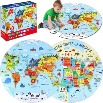 2 Sets Floor Puzzles World And United States Map Puzzles With Poster World And Us Geography Jumbo Round Puzzle For Kids 4-8 Geog