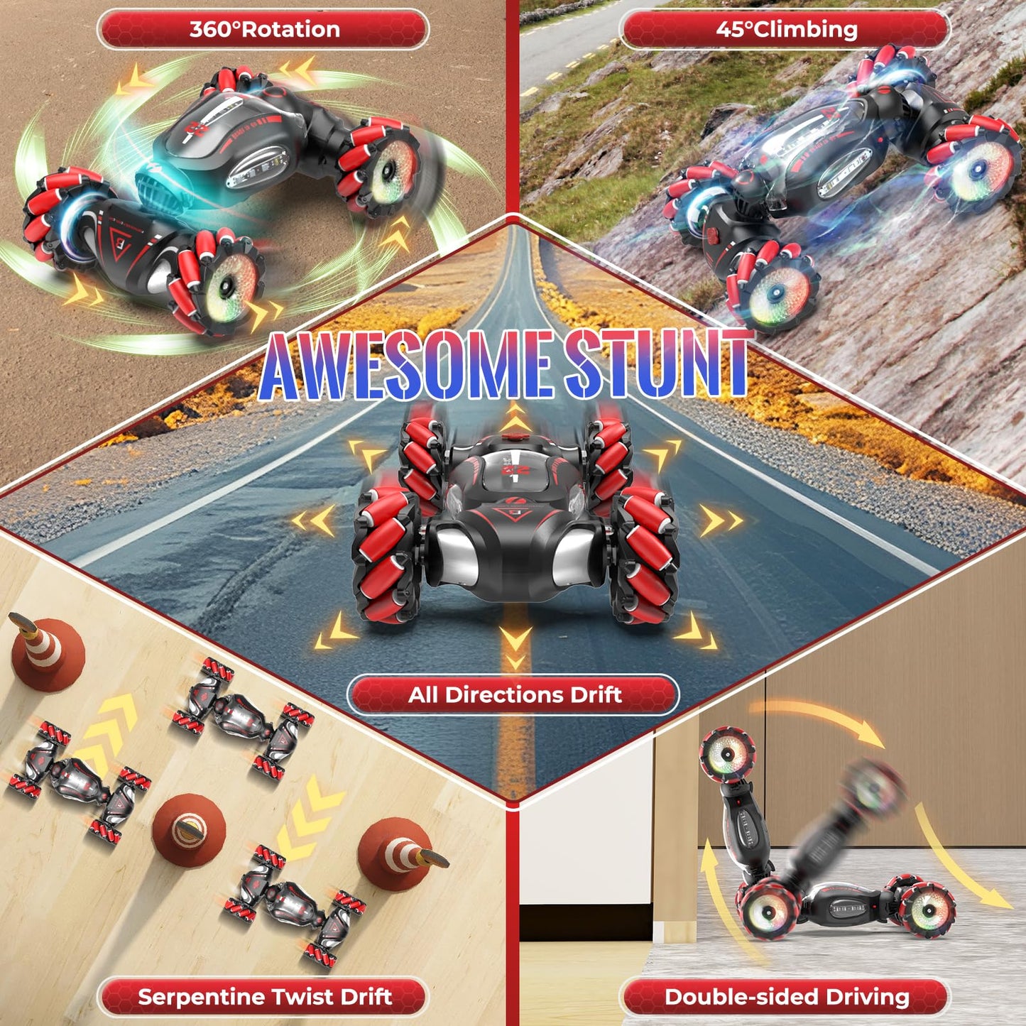 Fosgoit Gesture Sensing RC Stunt Car Toys for 6-12 Boys Girls, 2.4Ghz 4WD Hand Controlled RC Car with Light & Music & Spray, Dou