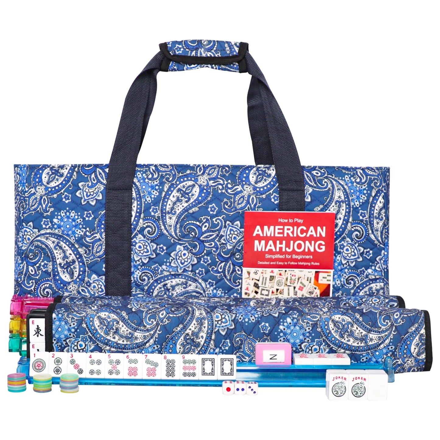 GUSTARIA American Mahjong Game Set - 166 White Tiles, 4 Color Racks, Blue Carrying Bag, 9"x20"x3", Melamine