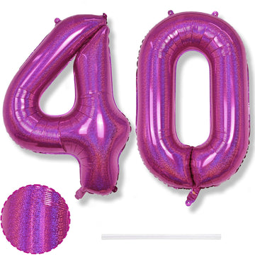 40 Balloon Laser Hot Pink, Self Inflating 40 Inch Number 40 Mylar Balloon Bright Pink Decor For Women, Foil Helium Iridescent Bi