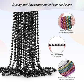 ZZYFGH 33'' 7mm Metallic Black Bead Necklace Bulk, Mardi Gras Round Beaded Necklaces for Party Favors Costume Necklace (12 Pcs)