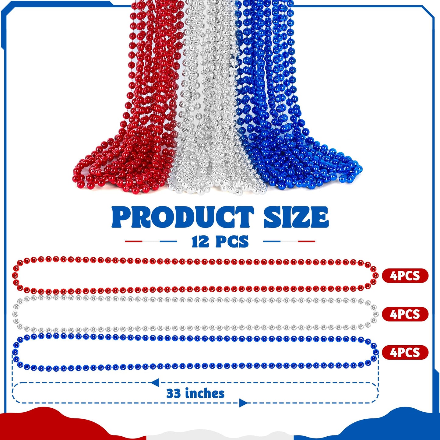 Huskein 12 Pcs 4Th Of July Beads Necklaces, 33'' Red Silver Blue Beaded Necklaces Bulk, Patriotic Round Beads, Independence Day