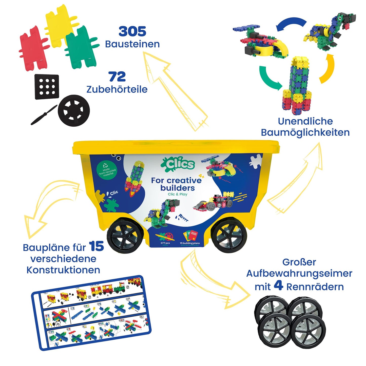 Clics Basic Set Of 377 Pieces, Construction Toys For 3 Year Old Boys And Girls, Rollerbox Of Blocks To Learn Shapes And Colors,