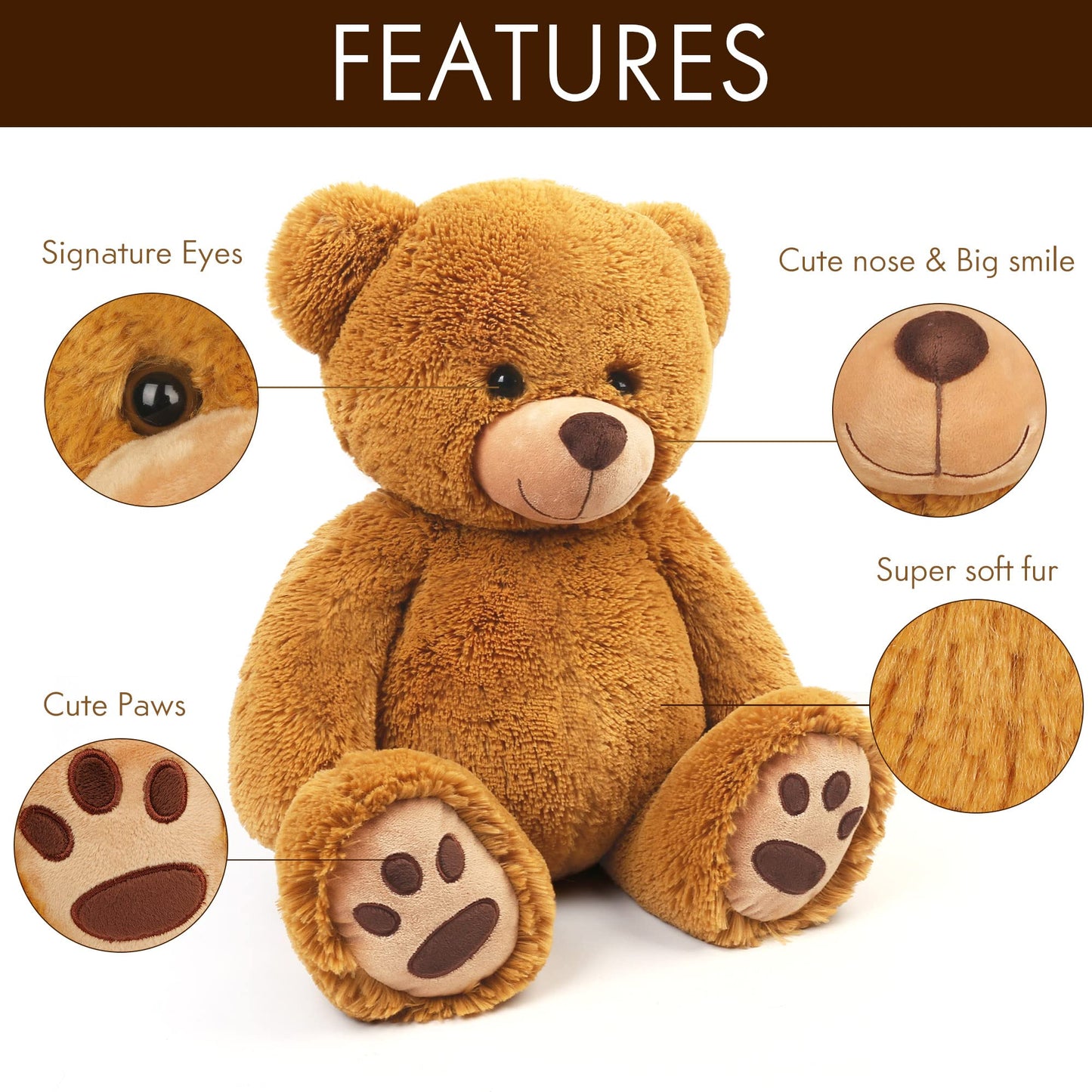LotFancy Teddy Bear Stuffed Animal, 20" Plush Toy, Soft Brown Cuddly Bear with Footprints, Perfect Gift for Kids and Toddlers