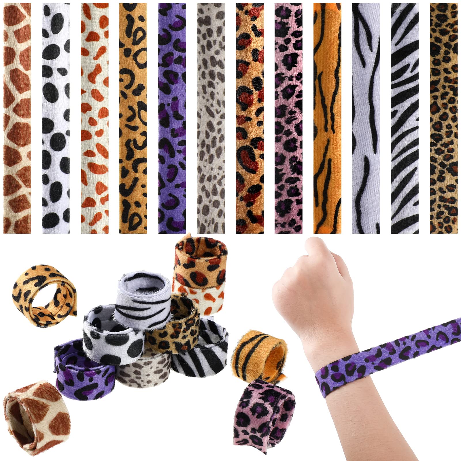 Zhanmai 36 Pieces Jungle Animal Print Slap Bracelets Safari Print Slap Snap Bracelets Slap Bands with Cheetah Zebra Tiger and Co
