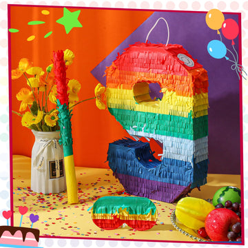 Rainbow Number Piñata Multicolor Number Piñata Small Kids Birthday Party Piñata With Blindfold Stick And Confetti Small Piñata For Birthday Anniversary Cinco De Mayo Fiesta Party Decor(Number 9)