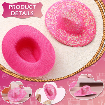 Sotiff 12 Pcs Mini Western Cowboy Cowgirl Hat Glitter Pink Small Disco Toy Hat Neon Holographic Space Doll Hat Sparkly Dollhouse Decoration For Christmas Cowgirl Party Dollhouse Drinks Cupcake Toppers