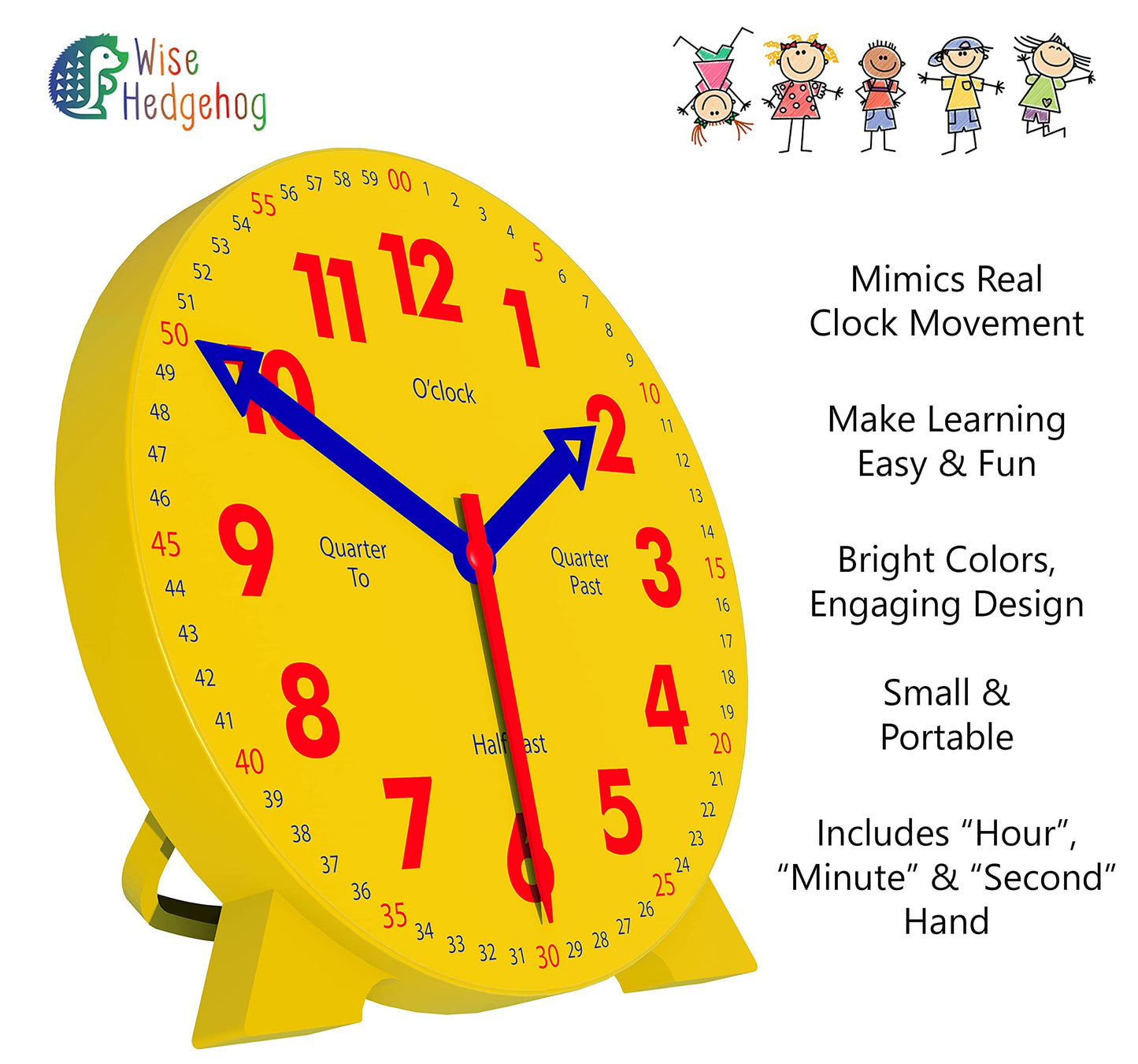 Wise Hedgehog Kids Telling Time Practice Learning Clock, 4 Inch Size Teaching Handheld Analog Clock, Geared Movement Makes Finge