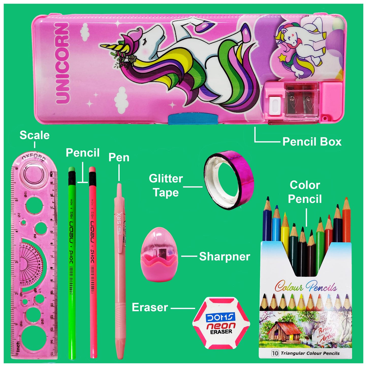 Parteet Combo (Pack Of 8 Items) 1 Dual Side Magnetic Pencil Box With Led Lamp, 2Pencil, 1 Scale, 1Sharpner, 1 Eraser, 1Gliter Ta