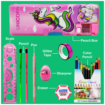 Parteet Combo (Pack Of 8 Items) 1 Dual Side Magnetic Pencil Box With Led Lamp, 2Pencil, 1 Scale, 1Sharpner, 1 Eraser, 1Gliter Ta