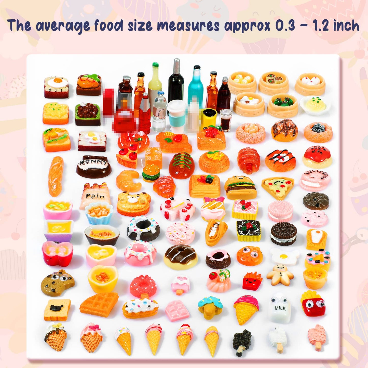Skylety 100 Pieces Miniature Food Drinks Toys Mixed Resin Foods For Doll Kitchen Pretend Play Mini Food Set For Adults Teenagers Doll House Cute