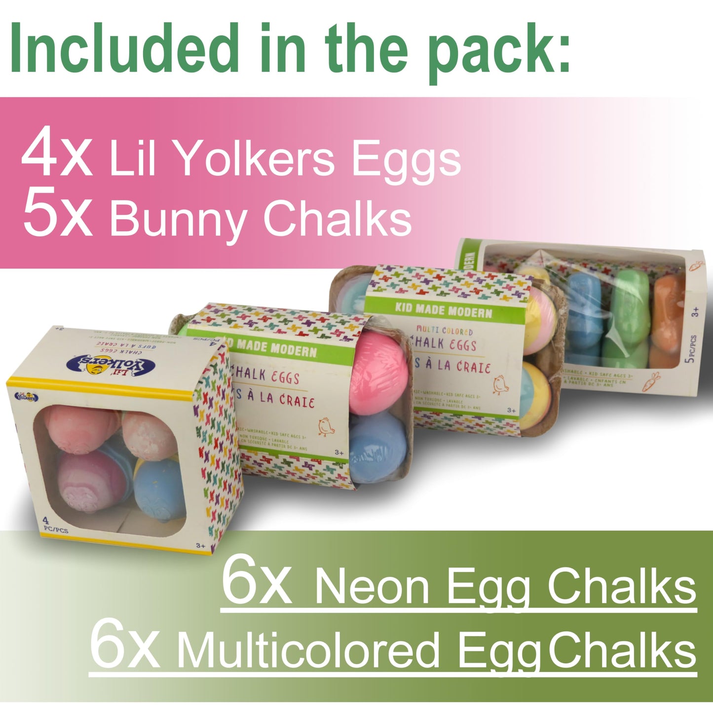 Kid Made Modern Ultimate Sidewalk Spring Chalk Bundle - 6 Neon, 6 Colored, 4 Lil Yolkers Eggs & 5 Bunny Chalks - Dustless, Washa