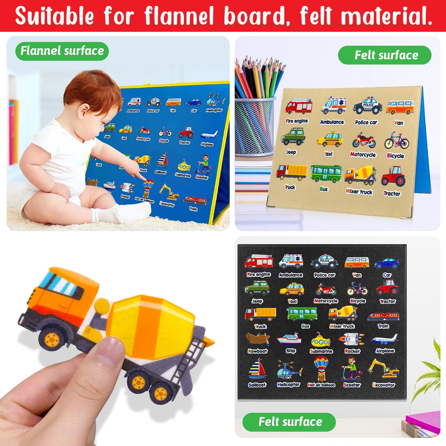 PENGFULL Felt Transportation Vehicles Learning Pieces,48 Felt Board Pieces for Felt Flannel Board,Air Land Sea Airplane Learning