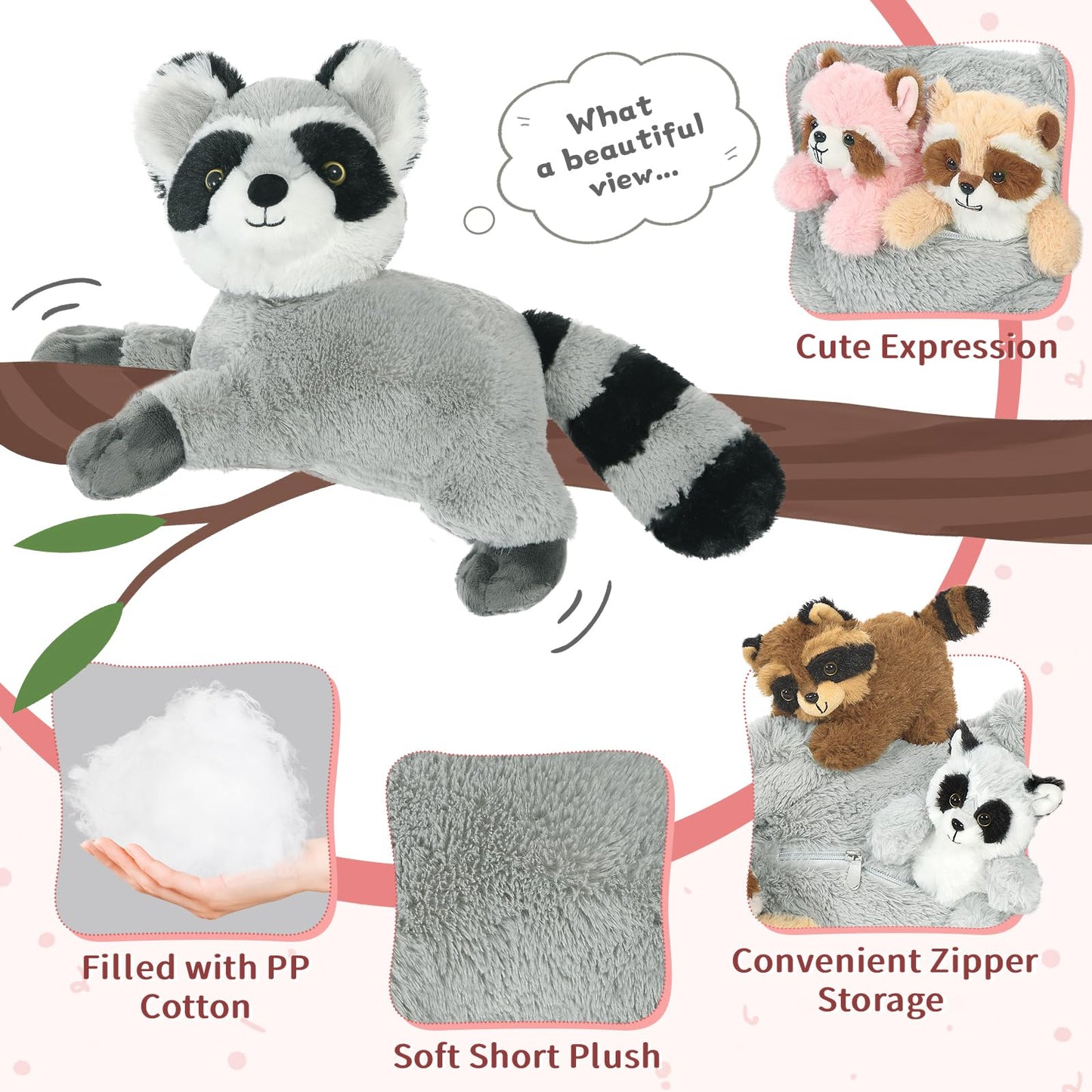 Tezituor 5 Pcs Giant Raccoon Stuffed Animal Set,18 Inches Raccoon Plushies With 4 Babies Woodland Farm Party Decor Soft Plush Raccoon Toy For Kids' Birthday Gifts