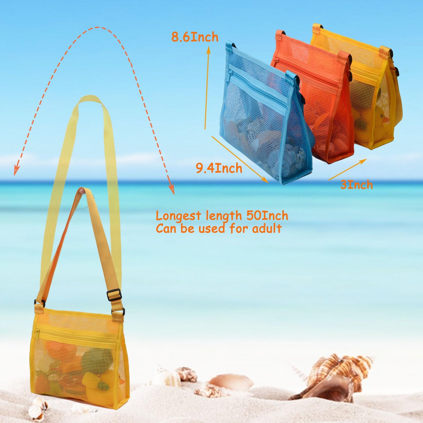 MUYIZI Mesh Beach Shell Collecting Bags - Large Multicolored Nylon (Blue, Yellow, Orange) - 3 Pack for Kids