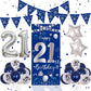 21St Birthday Decorations For Him, Blue Silver Happy 21St Birthday Decorations For Men Boys Door Banner, 32'' Number 21 Foil Bal