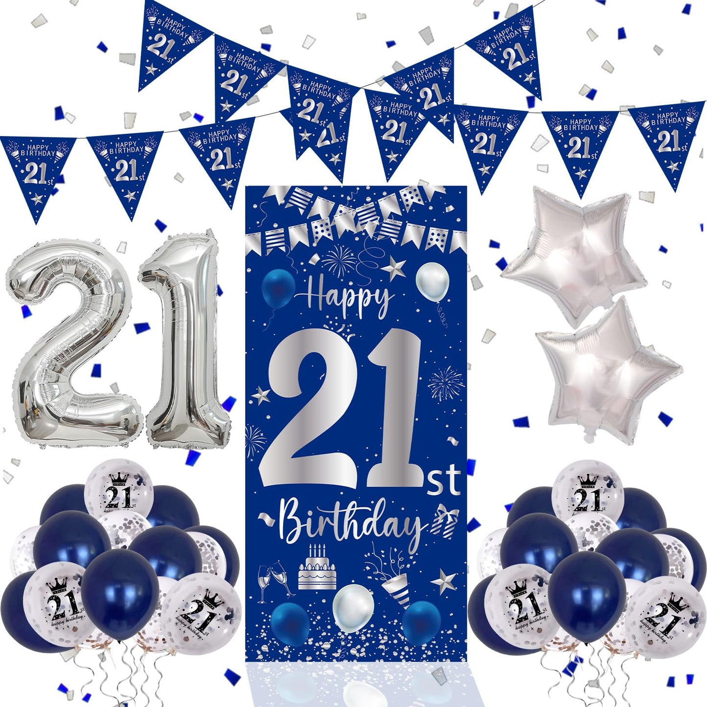 21St Birthday Decorations For Him, Blue Silver Happy 21St Birthday Decorations For Men Boys Door Banner, 32'' Number 21 Foil Bal