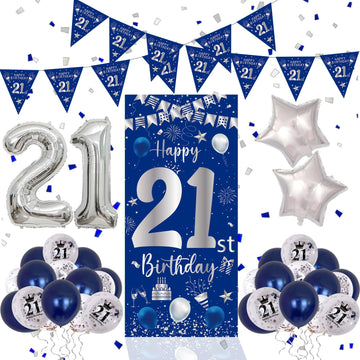 21St Birthday Decorations For Him, Blue Silver Happy 21St Birthday Decorations For Men Boys Door Banner, 32'' Number 21 Foil Bal