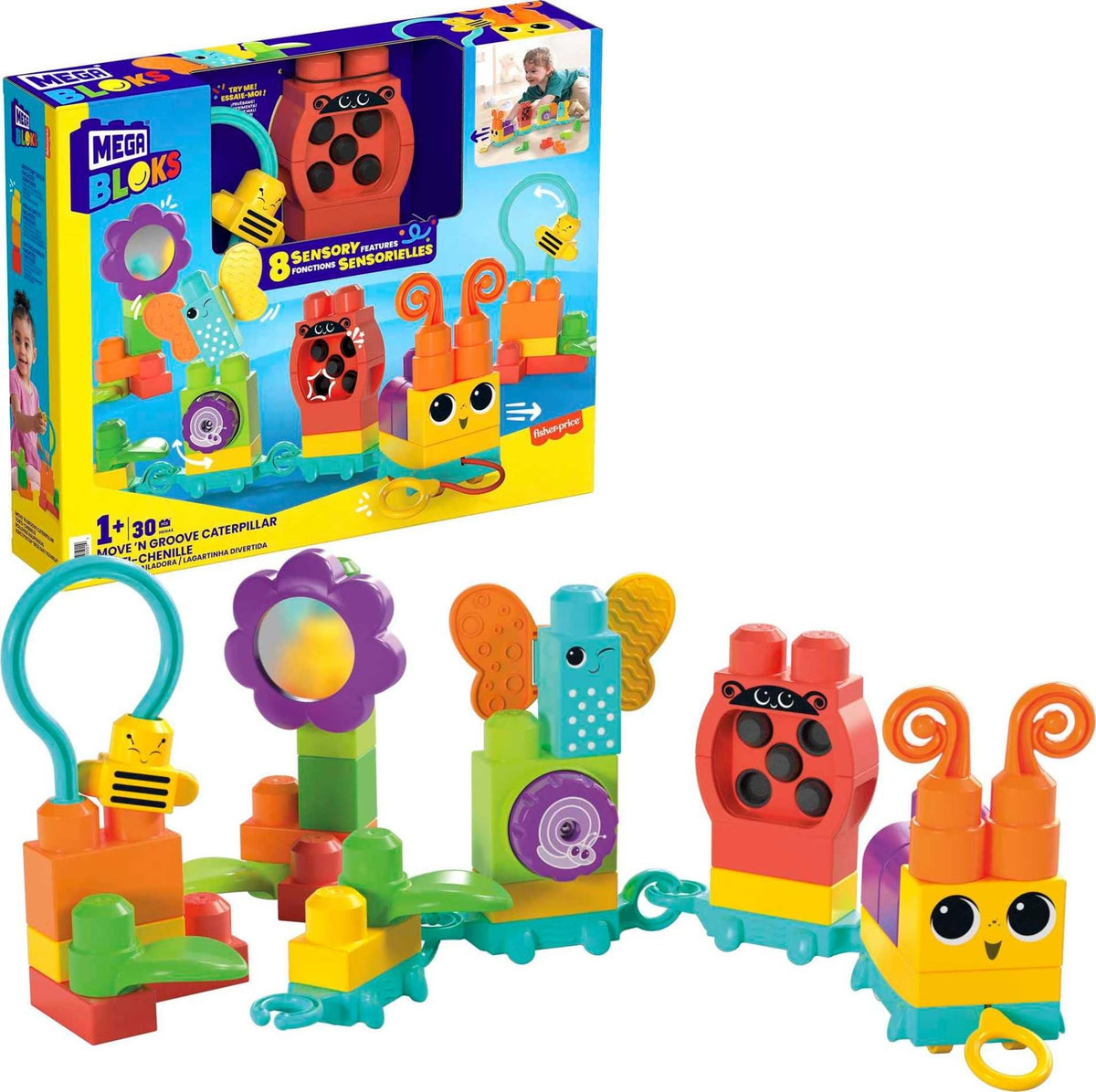 MEGA BLOKS Fisher-Price Toddler Building Blocks Toy Set, Move n Groove Caterpillar Train with 24 Pieces, Ages 1+ Years