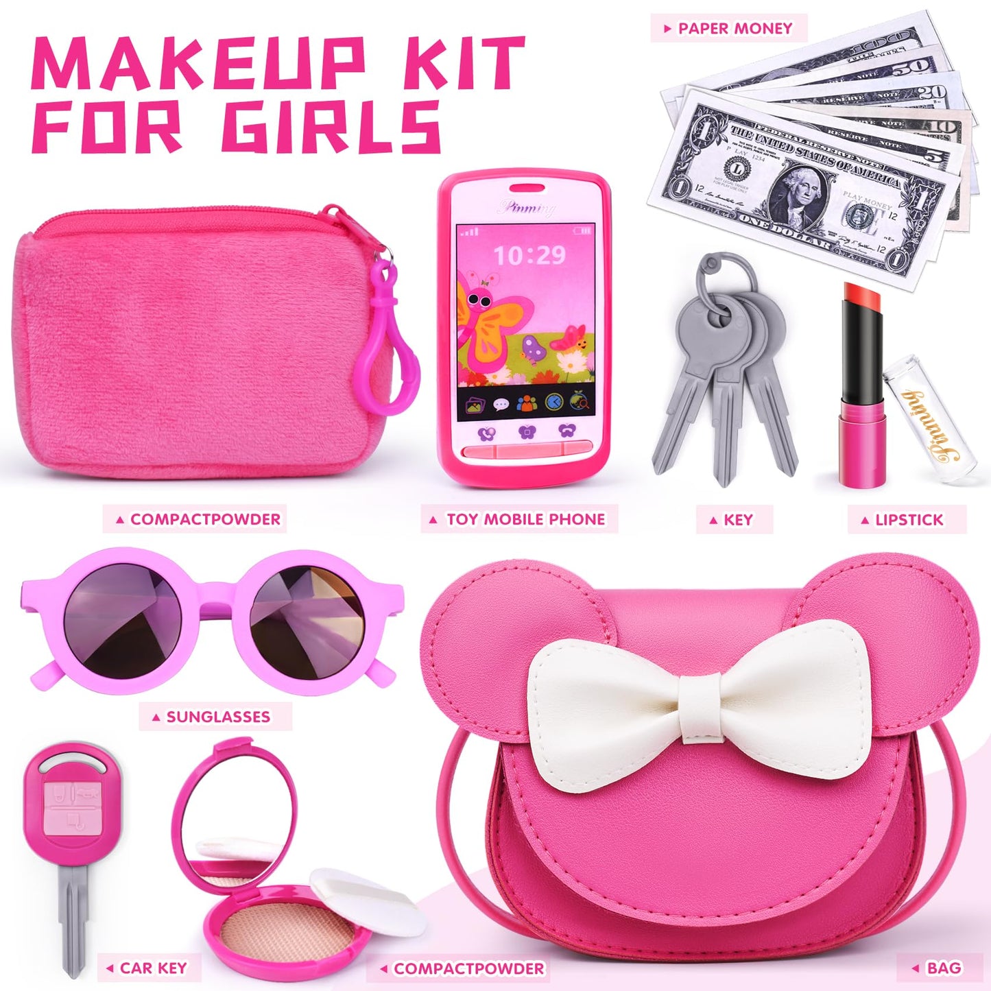 Pretend Play Toddler Girl Purse With Makeup Toys Set, Little Girls Purse Toys For 3 4 5 6 7 Year Old Girl Gifts, Kids Purse For