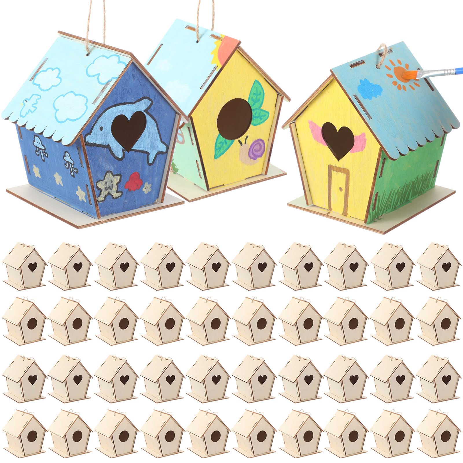 Doublefill 48 Pack Wooden Bird Houses Bulk For Kids Crafts Bird House Diy Unfinished Wood Birdhouse Kit Wood Painting Kit To Bui