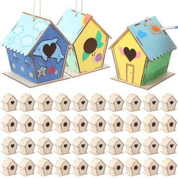 Doublefill 12 Pack Wooden Bird Houses Bulk For Kids Crafts Bird House Diy Unfinished Wood Birdhouse Kit Wood Painting Kit To Bui