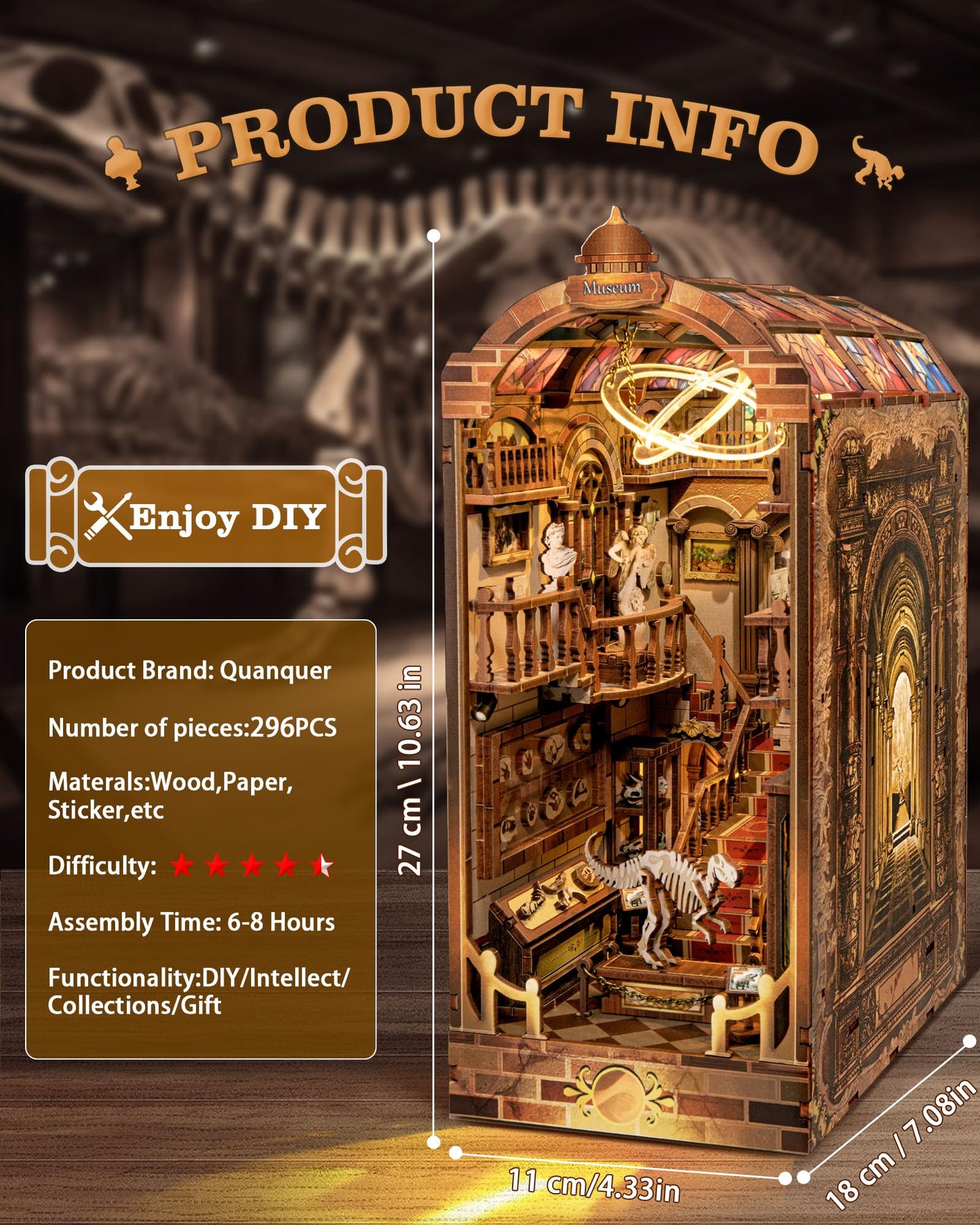 Quanquer Diy Book Nook Kit:Diy Dollhouse Booknook With Led Light - 3D Wooden Puzzle Miniature House Kits - Creative Diy Crafts For Adults - Bookshelf Insert Decor - Gifts Friends Festival(Museum)