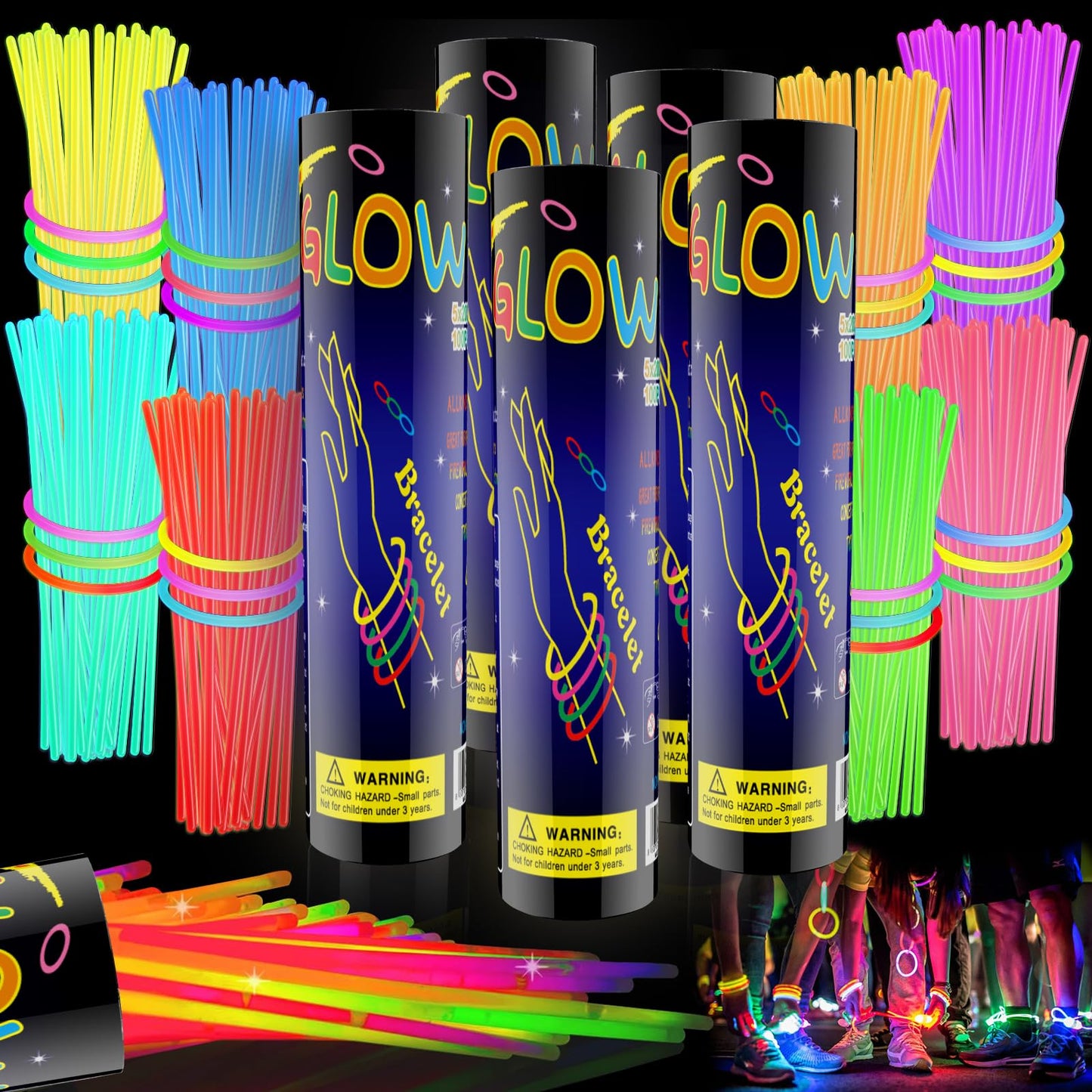 HONLYNE 500 Pcs Glow Sticks Bulk Party Pack, 8 Glow in the Dark Party Supplies, Glow in the Dark Light Up Sticks with Connecto