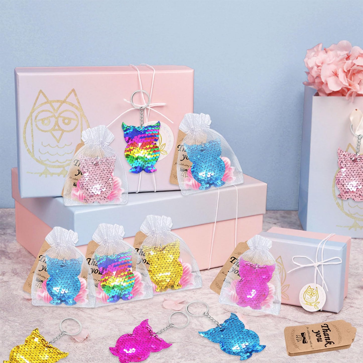 CiciBear 25 Pack Night Owl Sequin Keychains for Owl Party Favors, Kids and Adults Birthday Gift, Baby Shower, Party, 5 Colors