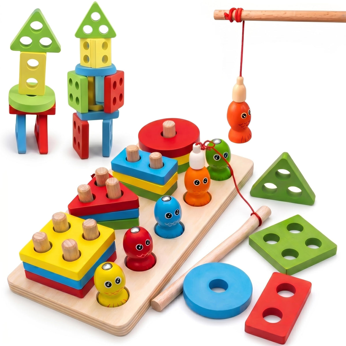 Thanu Toys 3 In 1 Wooden Fishing, Shape Sorting & Stacking Toy | Montessori Magnetic Fish Catching Game | Brain Development & Fi