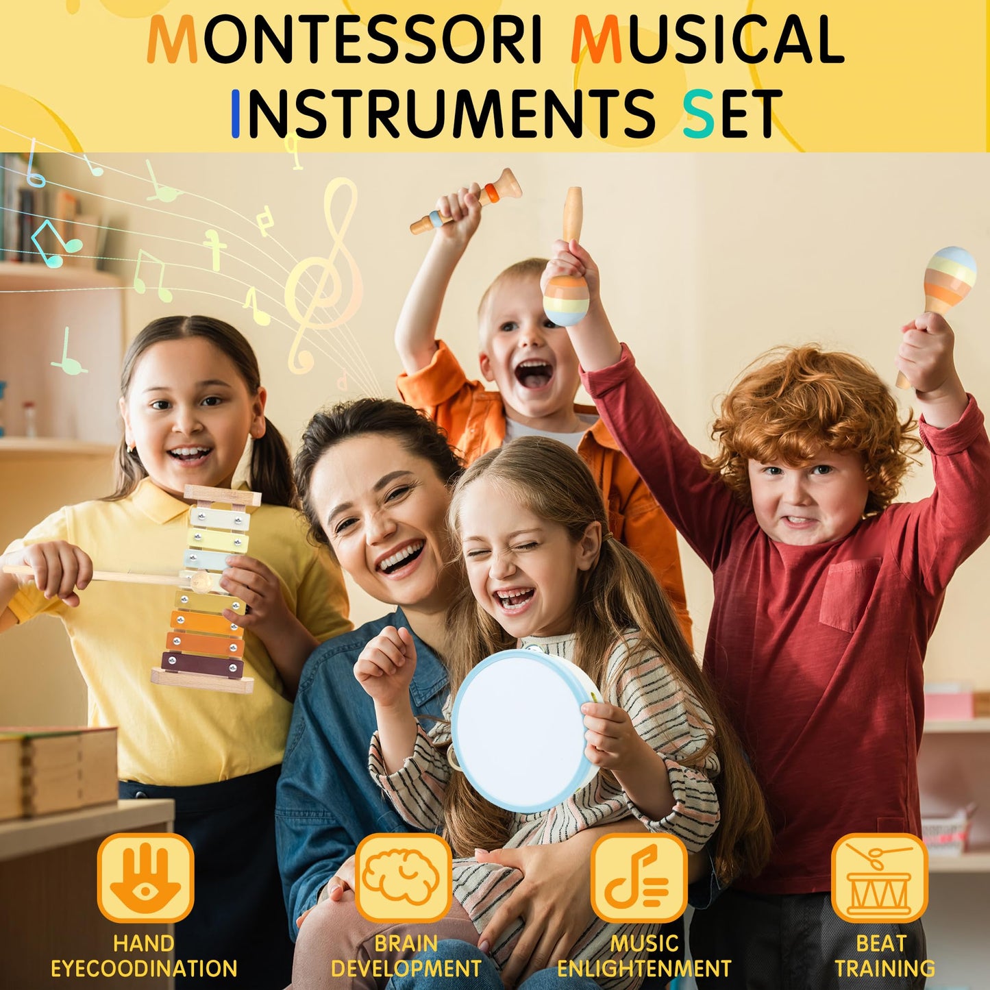 Baby Musical Instruments, Montessori Wooden Toys For Toddlers, Premium Wooden Musical Instrument Set For Kids Preschool Educatio