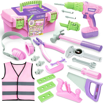 Kids Tool Set with Electric Toy Drill Tool Box for Girls, Pink Toddler Tool Set Kids Power Construction Pretend Play Tools Set T