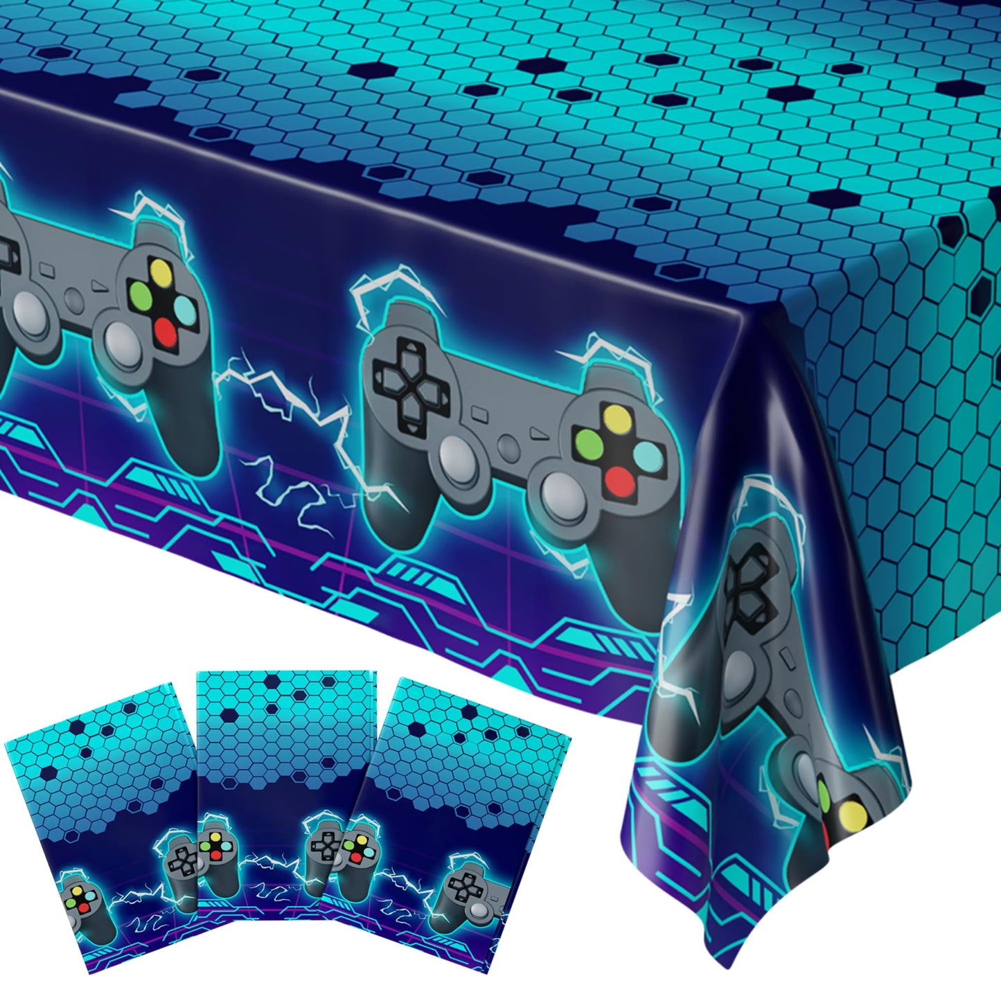 Blue Orchards Video Game Table Cover (Neon Blue) - Pack Of 3-54'X108' Xl - Gamer Party Supplies, Gamer Themed Decorations, Party Decorations For Boys, Retro Gamer Party