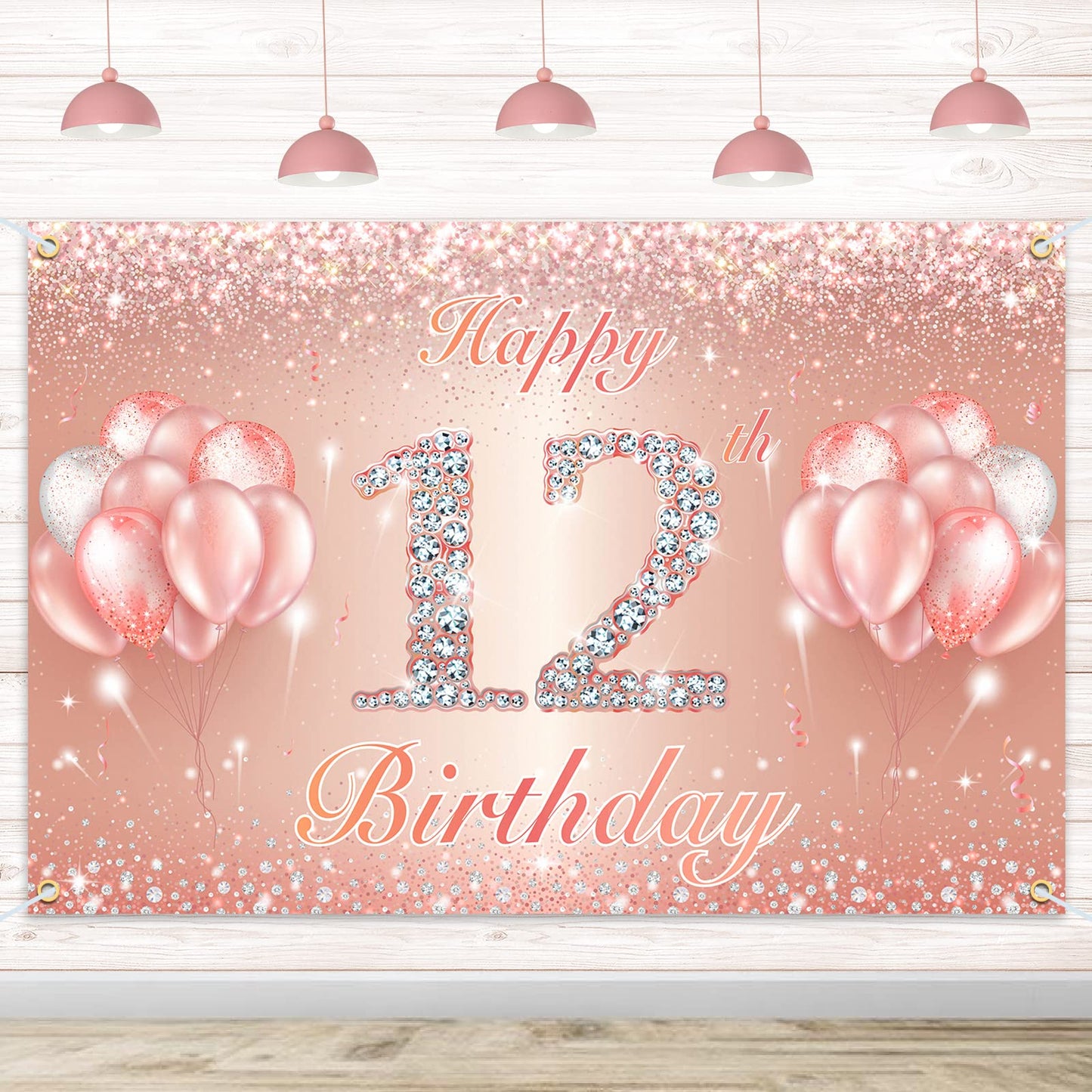 Happy 12Th Birthday Banner Backdrop - 12 Birthday Party Decorations Supplies For Girls Or Boys - Rose Gold 4 X 8Ft